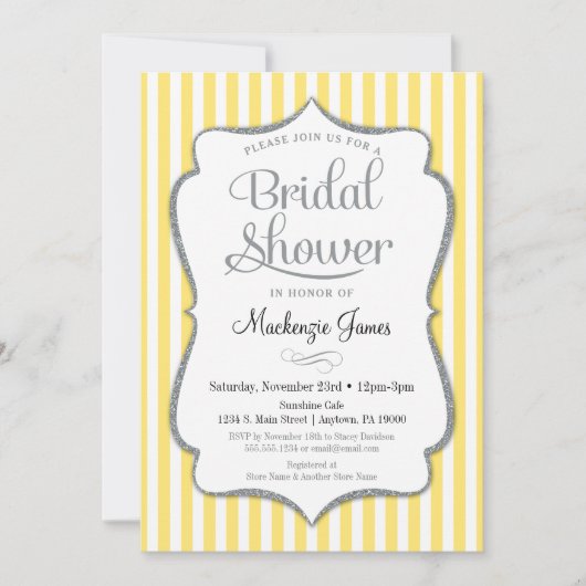Gele grijze bridal Shower Invitation Silver Stripe Kaart (Voorkant)