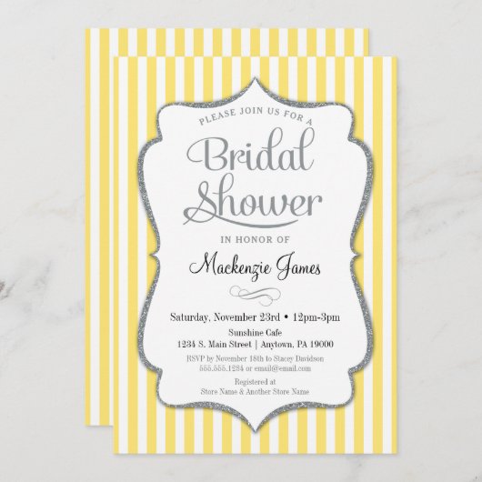 Gele grijze bridal Shower Invitation Silver Stripe Kaart (Voorkant / Achterkant)