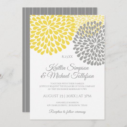 Gele & Grijze Bruiloft Uitnodigingen | Bloemen en  (Voorkant / Achterkant)