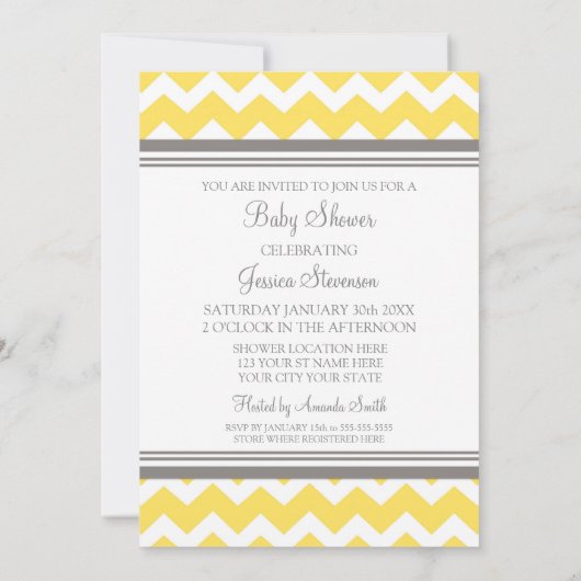 Gele grijze Chevron Custom Baby Shower Invitaties Kaart (Achterkant)