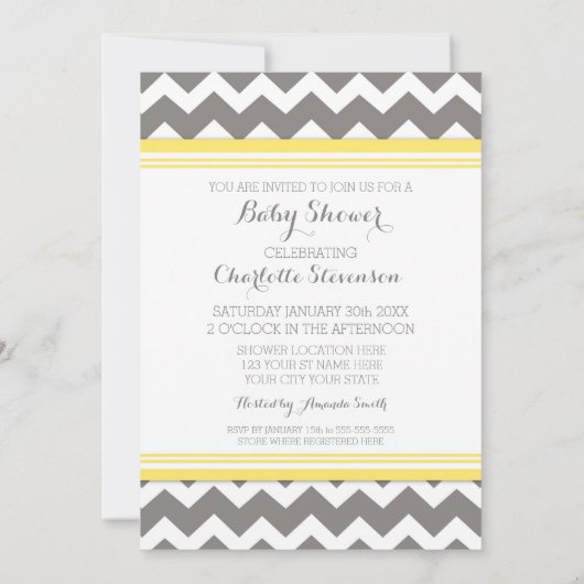 Gele grijze Chevron Custom Baby Shower Invitaties Kaart (Achterkant)
