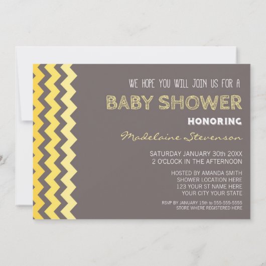 Gele grijze Chevron Custom Baby Shower Invitaties Kaart (Achterkant)