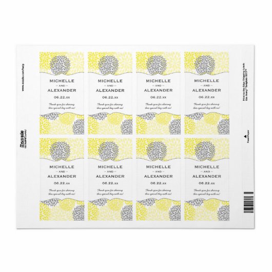 Gele Grijze Dahlia Mums Bruiloft Wijnfles gunst Etiket (Full Sheet)