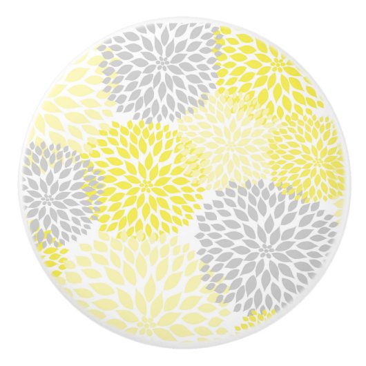 Gele grijze Dahlias bloesbloemen Keramische Knop (Voorkant)