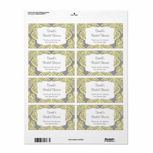 Gele Grijze Damast Waterfles - pas het aan! Etiket (Full Sheet)