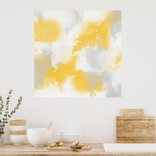Gele grijze en witte Abstracte penseelstreken Poster (Keuken)