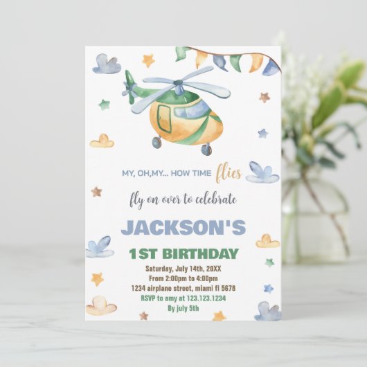 Gele Grijze Helikopter Verjaardag Uitnodigingen (Staand voorkant)