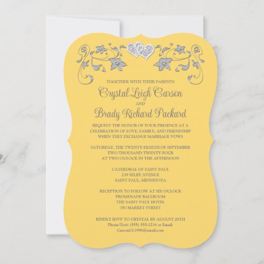 Gele, Grijze Liefdesharten Bruiloft Uitnodiging (Achterkant)