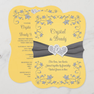 Gele, Grijze Liefdesharten Bruiloft Uitnodiging