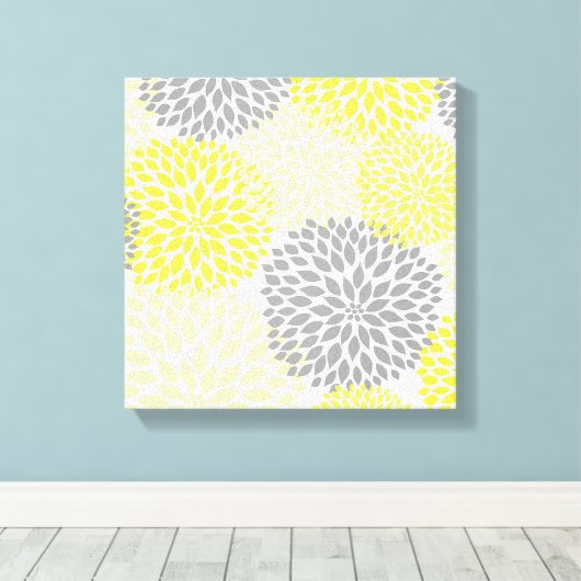 Gele Grijze moderne dahlia bloesems kunst aan de m Canvas Afdruk (Insitu (Houten vloer))