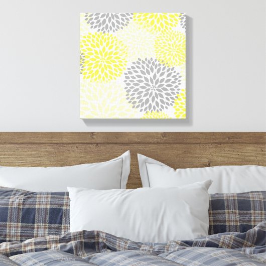 Gele Grijze moderne dahlia bloesems kunst aan de m Canvas Afdruk (Insitu (Slaapkamer))