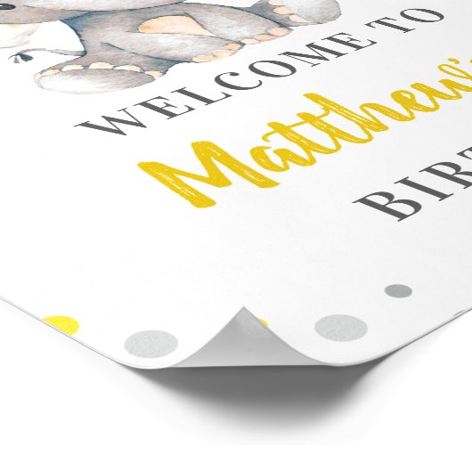 Gele grijze olifant Polka Dot Birthday Welkom Poster (Hoek)