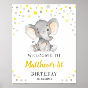 Gele grijze olifant Polka Dot Birthday Welkom Poster