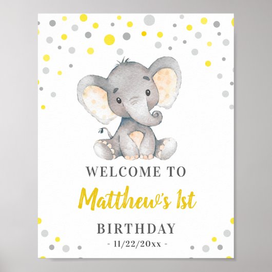 Gele grijze olifant Polka Dot Birthday Welkom Poster (Voorkant)
