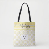 Gele Grijze Strepen Bijen Trendy Initiaal Monogram Tote Bag (Voorkant)