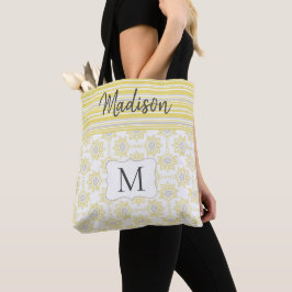 Gele Grijze Strepen Bijen Trendy Initiaal Monogram Tote Bag