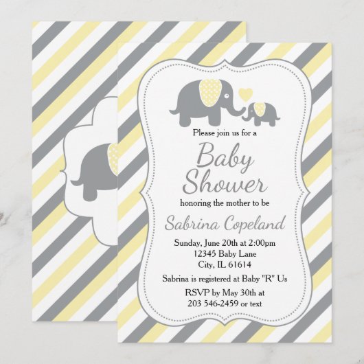 Gele & Grijze Strepen Olifant  | Baby Shower Kaart (Voorkant / Achterkant)