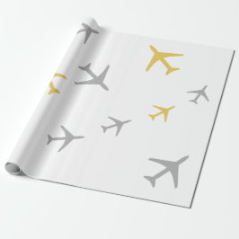 Gele grijze vliegtuigen cadeaupapier