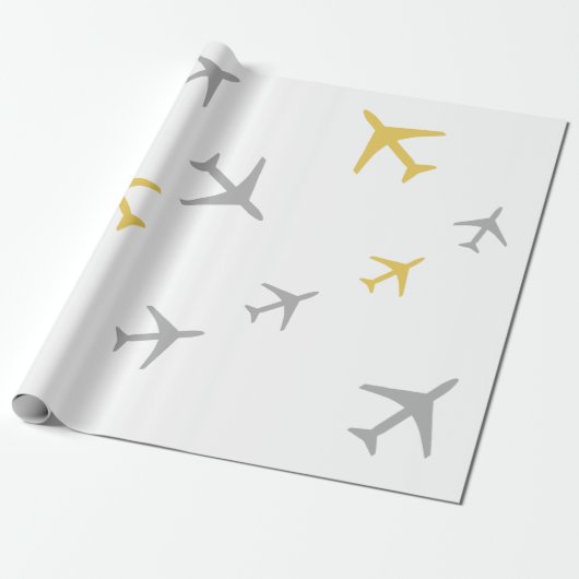 Gele grijze vliegtuigen cadeaupapier (Uitgerold)