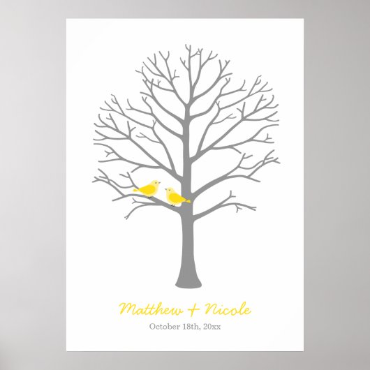 Gele grijze vogels Vingerafdrukbomen bruiloft Poster (Voorkant)