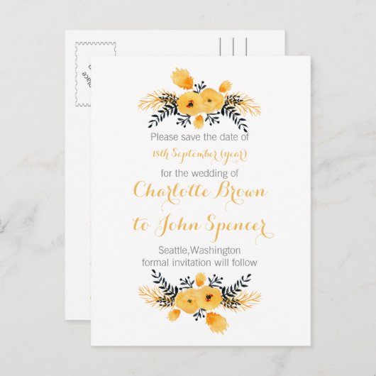 gele grijze waterverf florale behalve de datums aankondigingskaart (Voorkant / Achterkant)