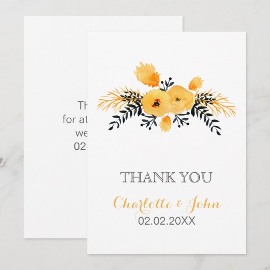 gele grijze waterverf florale bruiloft Bedankt Kaart (Voorkant / Achterkant)