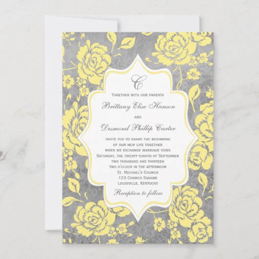 Gele grijze witte Floral Damask Wedding Invitation Kaart (Voorkant)