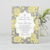 Gele grijze witte Floral Damask Wedding Invitation Kaart (Staand voorkant)