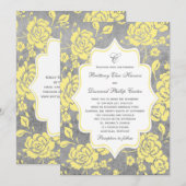 Gele grijze witte Floral Damask Wedding Invitation Kaart (Voorkant / Achterkant)