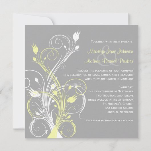 Gele grijze witte Floral Square Weddenschap Kaart (Achterkant)