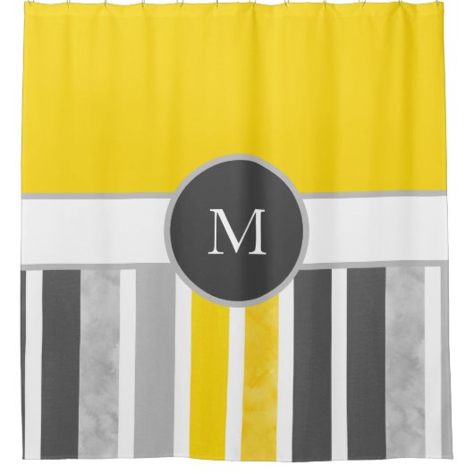 Gele grijze witte strepen douchegordijn (Voorkant)