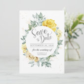 Gele grilige bruinkoolzomerbruiloft save the date (Staand voorkant)