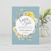 Gele grilige bruinkoolzomerbruiloft save the date (Staand voorkant)