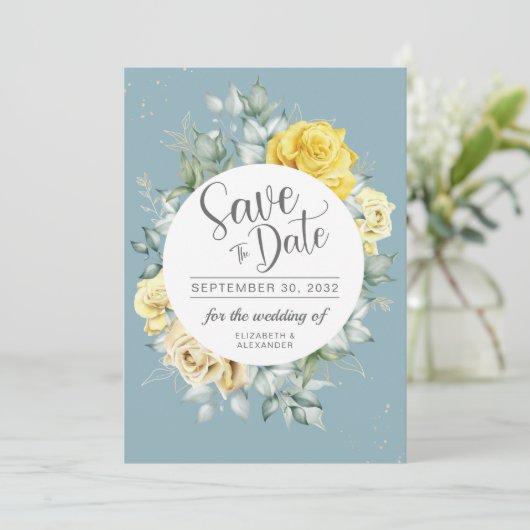 Gele grilige bruinkoolzomerbruiloft save the date (Staand voorkant)