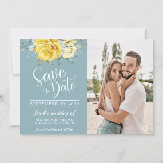 Gele grillige bruine zomerfotobruiloft save the date (Voorkant)