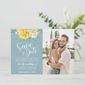 Gele grillige bruine zomerfotobruiloft save the date (Staand voorkant)