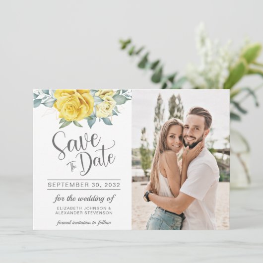 Gele grillige bruine zomerfotobruiloft save the date (Staand voorkant)