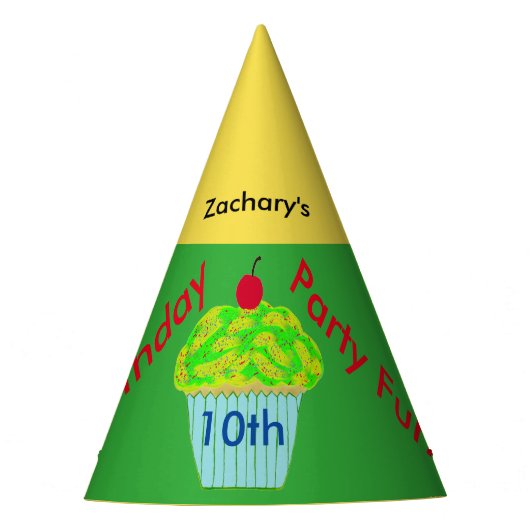 Gele groene cupcake, gepersonaliseerde Birthday Pe Feesthoedjes (Voorkant)