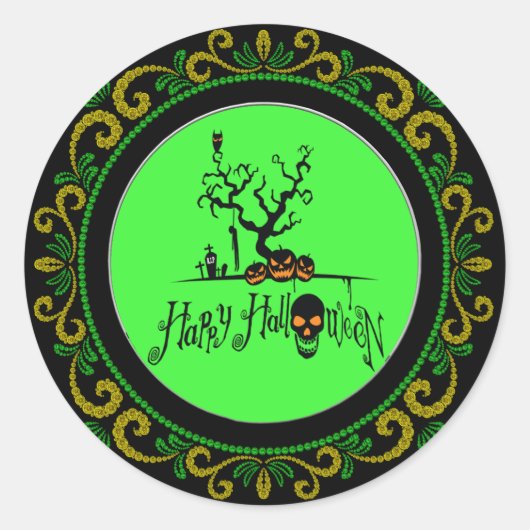 Gele groene Happy Halloween Grave Yard Ronde Sticker (Voorkant)