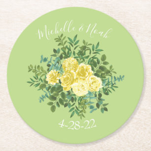 Gele & Groene Lente Roos Vintage Bruiloft Ronde Kartonnen Onderzetter