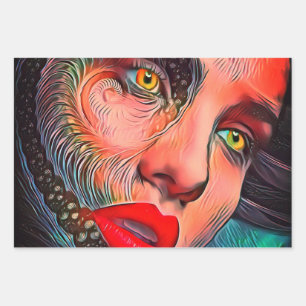 Gele groene ogen rode lippen inpakpapier vel