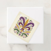 Gele, groene paarse fleur de lis veren bedankjes labels (In situ)