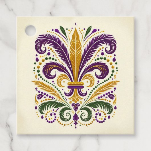 Gele, groene paarse fleur de lis veren bedankjes labels (Voorkant)