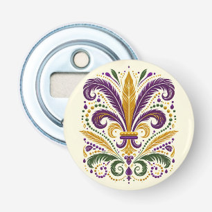 Gele, groene paarse fleur de lis veren button flesopener