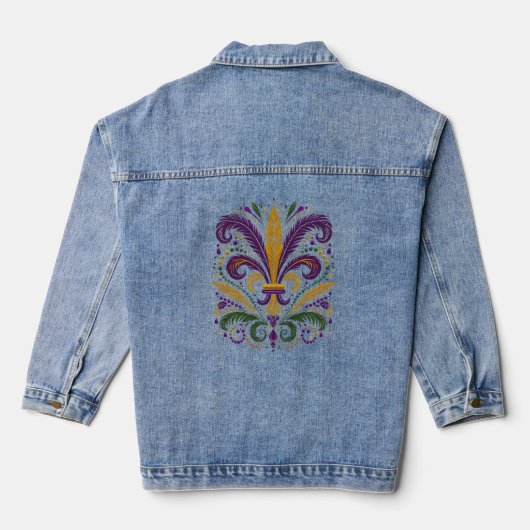 Gele, groene paarse fleur de lis veren denim jacket (Achterkant)