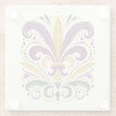 Gele, groene paarse fleur de lis veren glazen onderzetter (Achterkant)