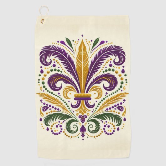 Gele, groene paarse fleur de lis veren golfhanddoek (Voorkant)