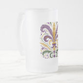 Gele, groene paarse fleur de lis veren matglas bierpul (Voorkant links)