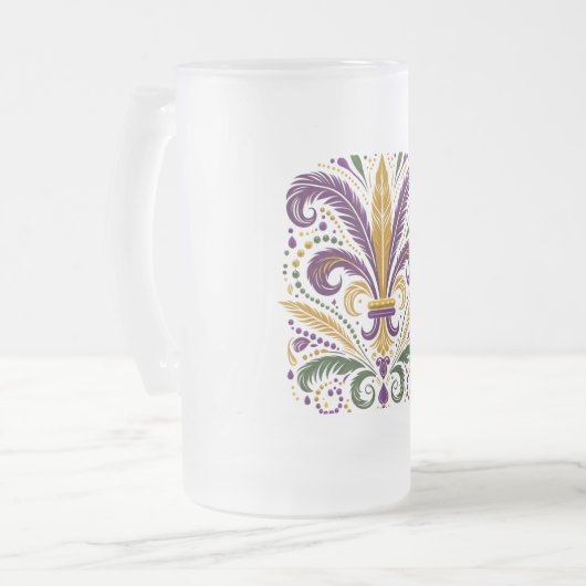 Gele, groene paarse fleur de lis veren matglas bierpul (Voorkant links)