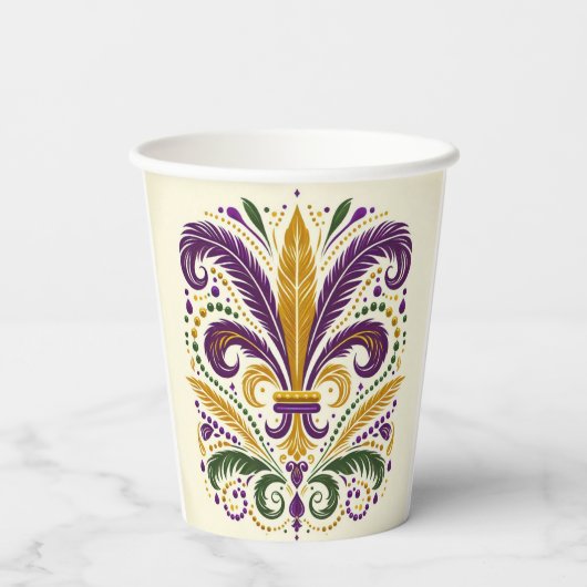 Gele, groene paarse fleur de lis veren papieren bekers (Achterkant)